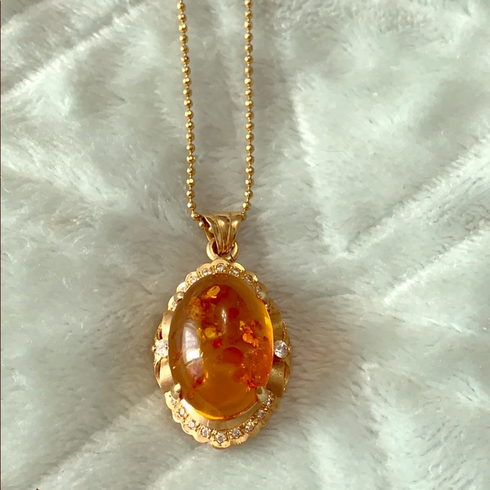 Antique amber necklace gold plated CZs